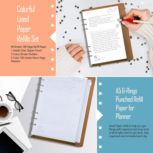 A5 6-Rings 90 8.3x5.5", Rancco Refill Line Paper, Colorful Binder Papers Refill, Filofax Notebook Inserts Refills