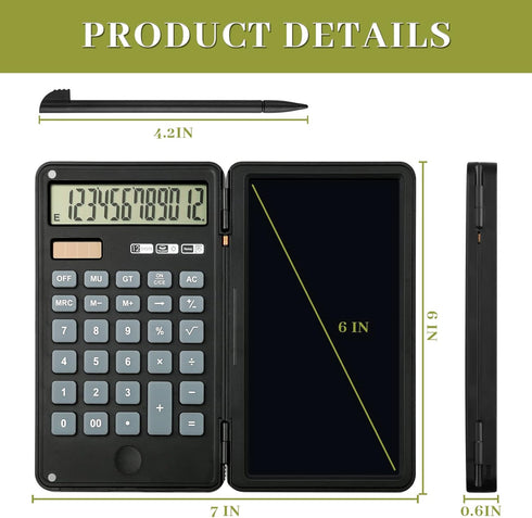 Basic Calculator, 12-Digit Premium Mute Desktop Calculator with 6 inch Writing Tablet, Solar and Battery Dual Power