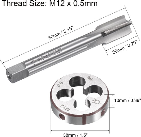 uxcell M12 x 0.5mm Metric Tap and Die Set, Machine Thread Screw Tap with Round Threading Die, Tap & Die Kit for Nut Screw Bolt Thread Repair