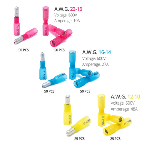 250 PCS Wirefy Heat Shrink Bullet Connectors, Male and Female Electrical Bullet Butt Terminals, 22-10 AWG