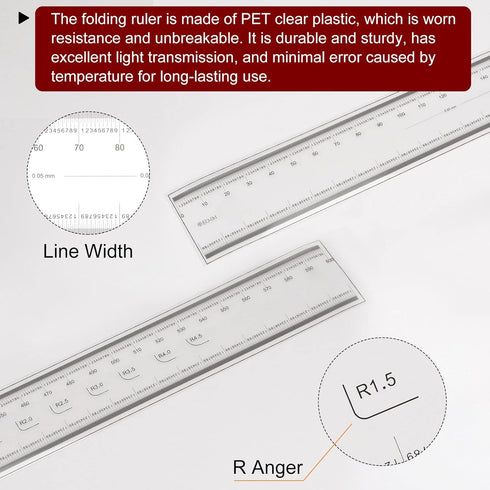 Film Flexible Ruler 60cm, 0.1mm Scale with R Angle & Width Lines, PET Plastic Folding Straight Ruler Measuring Tool
