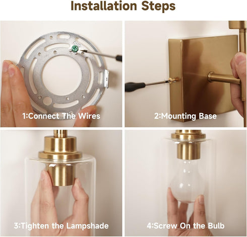 E26 CRI90 Bulb AUGE LIGHT Gold Wall Light, Brushed Bathroom Vanity Light with Clear Glass Shade, Bathroom Sconces