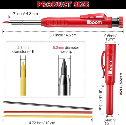 Hiboom 2 Pcs Carpenter Mechanical Pencils Marker with 18 Pcs Refills Construction Woodworking Marking Pens with Built in Sharpener and Protective Cap Long Solid Tip for Architects Woodworkers by Hiboom