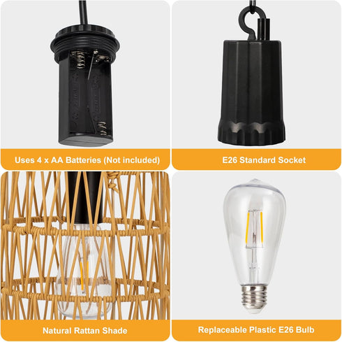 Bulb,4*AA Livinlarge Battery Operated Chandelier,Hanging Rattan Pendant Lights with Timer,Gazebo Lights with Warm White