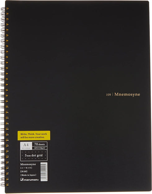 Maruman MNEMOSYNE Notebook, 11.69 x 8.66 Inches (A4), 5mm Dot Grid, 70 Sheets (N109), White
