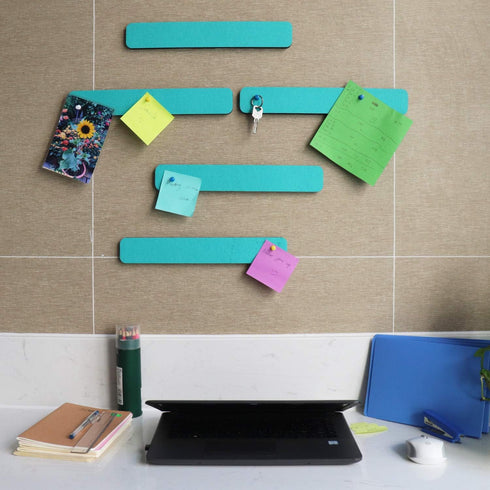Felt Bulletin Board Bar Strip 0.5 Inch Thick, 13 Inch Length with 15 Pushpins, 5 Turquoise Self-Adhesive Bars