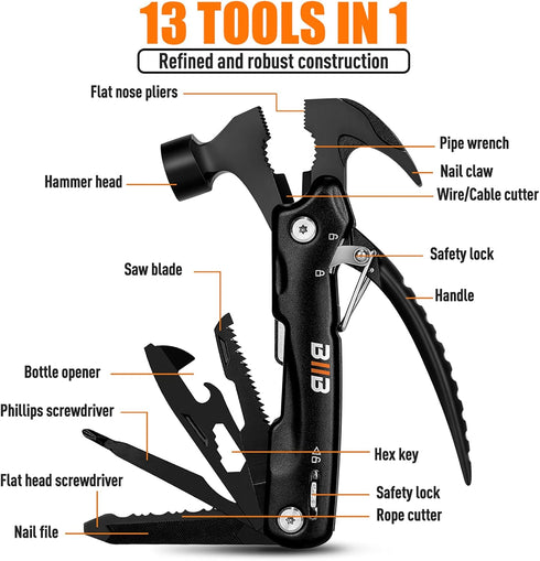 13 1 Hammer BIIB Gifts for Men, in Multitool Camping Accessories, Mens Gifts for Dad Him Boyfriend, Anniversary