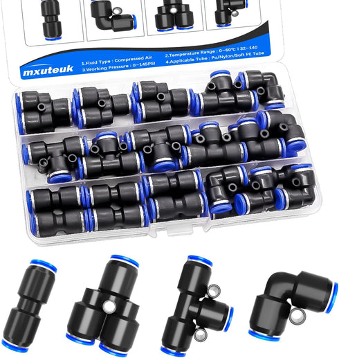 mxuteuk 1/4 Inch OD Push to Connect Fittings, Quick Connect Air Hose Fittings Kit for 1/4 inch Tube (30PCS)