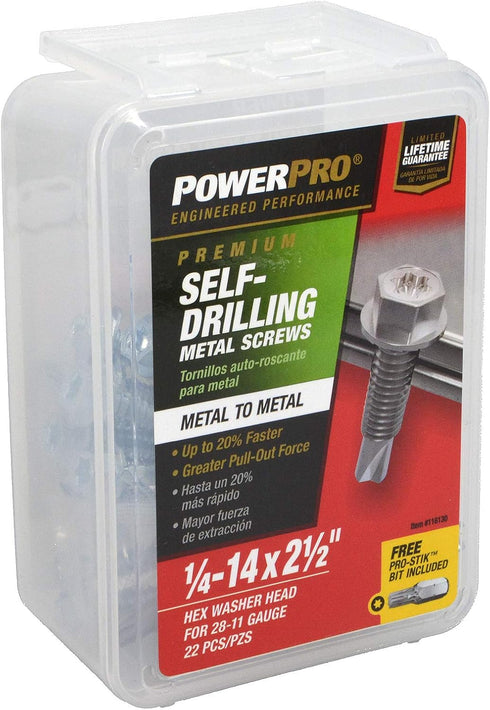 Power Pro Premium Self-Drilling Metal Screws, Zinc Plated Steel, Hex Washer Head, ¼ x 2-½ inches, Box of 22