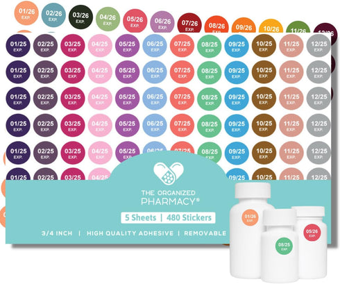 The Organized Pharmacy Expiration Dates Stickers System, 5 Year Supply - 480 Color Coded Inventory Management Labels