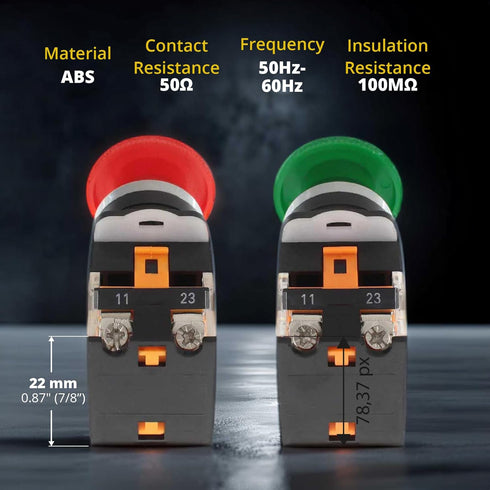 Emergency Push Button Switch, Green & Red Mushroom Head for Home or Industrial Equipment, 22mm, Stay-Put (2 Pack)