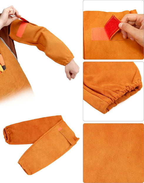 Set, QWORK Welding Apron& Sleeves, Welding Work Protectors Heat and Flame Resistant Leather Work Shop, Blacksmith