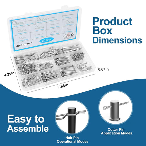 202 Pcs Hardware Pins Assortment Kit, 304 Stainless Steel Hairpin & R Clips, Retaining Fasteners, Cotter Pins