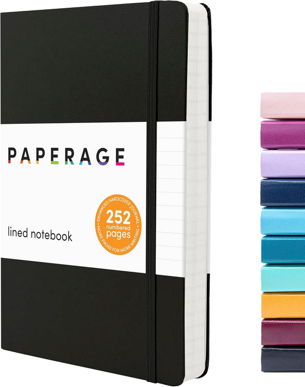 PAPERAGE Lined Journal Notebook, Black, 252 Pages, Medium 5.7 x 8 inches, 100 GSM Thick Paper, Hardcover