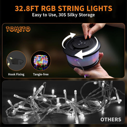 3 1 19 30s 32.8 TOHETO Camping String Lights, in Upgraded Retractable RGB Outdoor String Lights with Lighting Modes