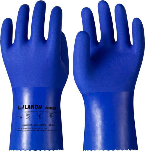 LANON PVC Chemical Resistant Gloves, Heavy-Duty Rubber Gloves, Non-Slip, Blue, Large, Acid, Alkali, Oil Protection