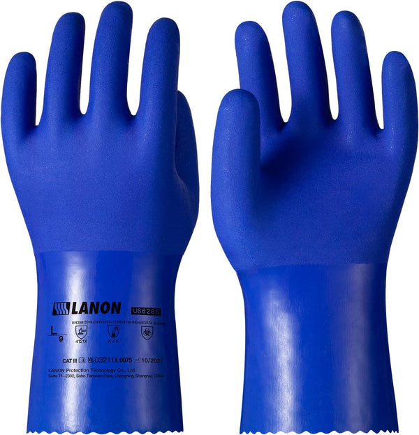LANON PVC Chemical Resistant Gloves, Heavy-Duty Rubber Gloves, Non-Slip, Blue, Large, Acid, Alkali, Oil Protection