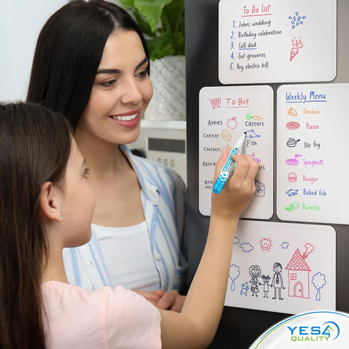 Magnetic Dry Erase White Board Sheet for Fridge (12x8"), Stain Resistant Technology with 6 Markers & Big Eraser