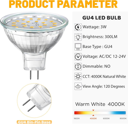 MR11 Bulb 3W, 20W GU4 12V Bulbs 4000K Non-Dimmable, 6 Pack LED Halogen Replacement, Bi-Pin Base, Low Voltage Landscape