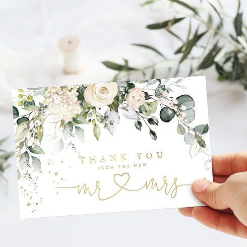 50 Pack Whaline Floral Wedding Thank You Cards Flower with Eucalyptus Leaves Mr & Mrs Thank You Greeting Note Cards