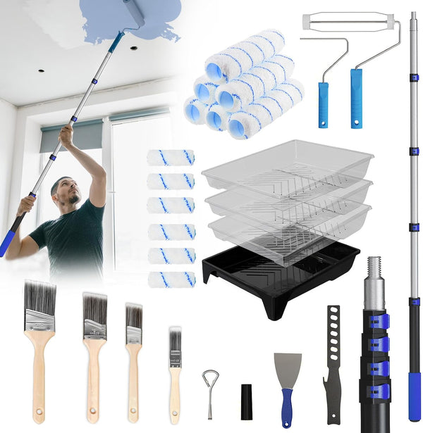 Paint Roller Kit with 4.4FT Telescoping Extension Pole, 27 PCS Paint Brushes