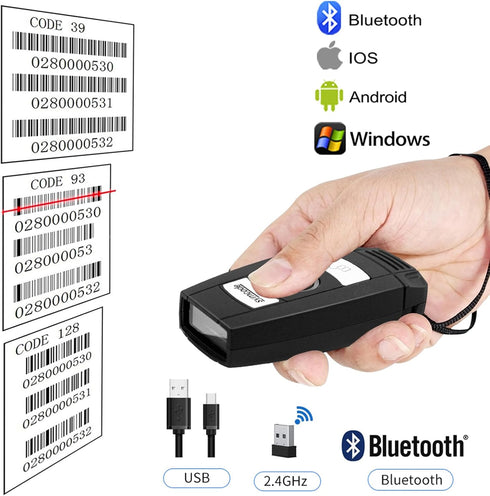 Symcode Bluetooth Barcode Scanner 1D Laser Wireless Barcode Scanner 3-in-1 BT & USB Wired & 2.4G Portable Handheld scanning Barcode Reader for Library Book, Warehouse Inventory, Store