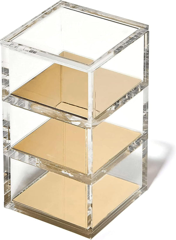 OfficeGoods 3-Tier Stackable Acrylic Holder, Stylish Desk Organizer for Office or Home with Gold Metal Base