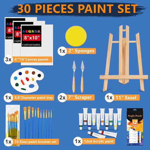 Painting Kits for Adults,Acrylic Paint Canvas Easel Set,30 Pcs Sip and Paint Kit with Wood Easel,12 Paints,10 Painting Brushes,Palettes Etc,Art Drawing Supplies for Couples Date Night Student Beginner
