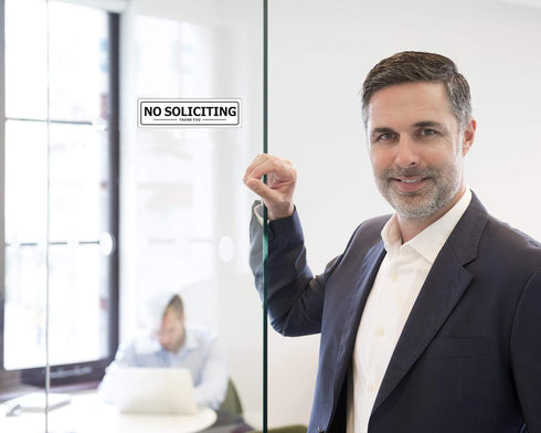 No Soliciting Sign, Self Adhesive Aluminum Sign, 2" x 7" White with Black Letters for House Business, 2 Pack