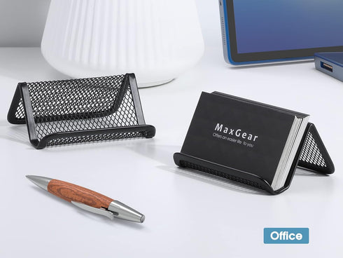 MaxGear Mesh Business Card Holder for Desk, Black Metal Stand with 50 Cards, 2 Pack