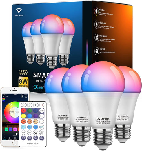 Smart Light Bulbs 4 Pack with Remote, A19 E26 800LM Color Changing LED, WiFi & Bluetooth 5.0, Dimmable, Works with Alexa
