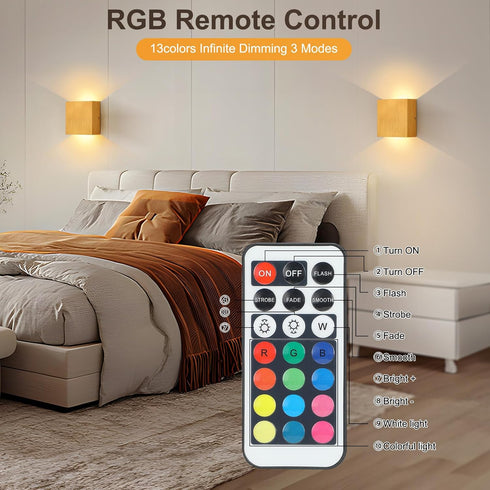 Set 13 Dimmable Lightess RGB Rechargeable Wall Sconces of Two with Remote Control, Colors LED Cordless Wall Lights