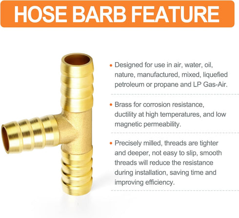 GASHER 10 Pieces Brass Hose Barb Tee, 3-Way Hose Fitting (1/4" x 1/4" x 1/4")