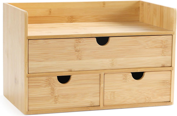 Desk Organizer with Drawers, Bamboo Desktop Organizers Storage for Bills, Office Supplies, Cosmetics, No Assembly