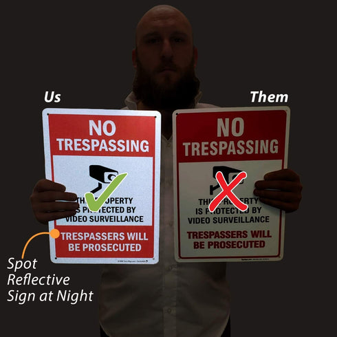 SmartSign 14 x 10 inch “No Trespassing” Metal Sign - Property Protected by Surveillance, Red, Black and White