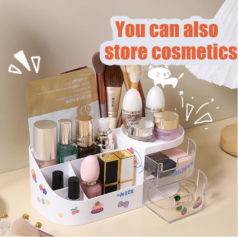 Kawaii Stationery Storage Box, Makeup Organizer with 2 Drawers and 5 Compartments for Teen Girls