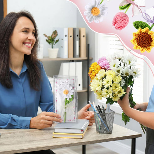 6 Set 5.91" Frienda Teacher Appreciation Gifts Crochet Flowers with Greeting Cards and Bows Knitted Sunflowers Daisy
