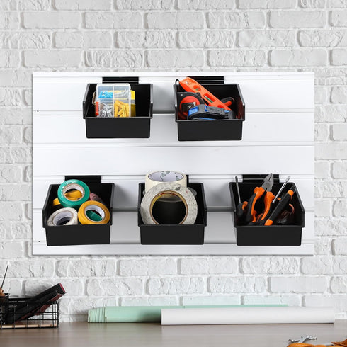 6 Pack Slatwall Bins with Hooks Set, Wall Mounted Storage Bins for Organizing Accessories, Tools, Office, Black