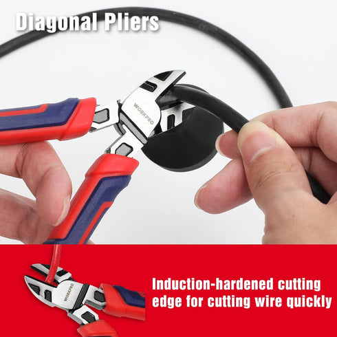 4-Piece Set Set WORKPRO Pliers - Premium CR-V Construction Tool Including Long Nose, Diagonal Cutting, Groove Joint