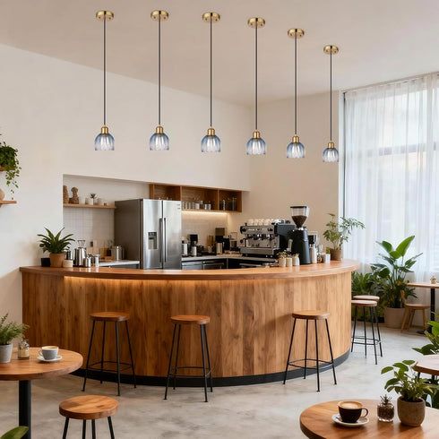 TALOYA Pendant Light with Blue Tulip Glass Lampshade, Brass Vintage Pendant Light Adjustable Hanging Light for Kitchen