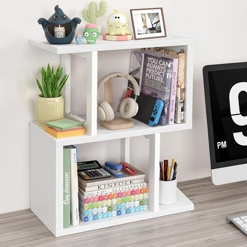 IGERI 3-Tier Small Desktop Bookshelf for Top of Desk Shelf - Mini White Table Bookcase Shelves Storage Book Organizer