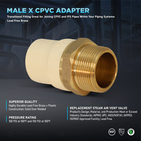 Supply Giant CSDQN336 Male x CPVC Adapter, Durable Over Molded One-Piece Design, 1-1/4 Inch Lead-Free Brass