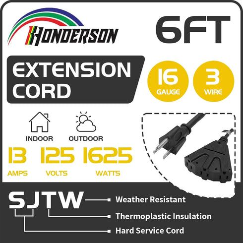 6FT Outdoor Extension Cord with 3 Electrical Power Outlets - 16/3 SJTW Durable Black Cable with 3 Prong Grounded Plug for Safety,Great for Outdoor Christmas Decorations