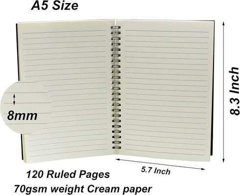 YYaaloa 4pcs A5 Ruled Spiral Notebooks, Brown Soft Cover, 120 Pages, 5.7" x 8.3" Cream Paper