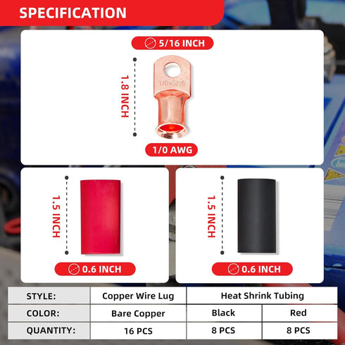 RED WOLF 1/0 AWG - 5/16" Battery Cable End Copper Wire Ring Terminal Connector Lug w/3:1 Ratio Heat Shrink Tubing Black Red, 16 PCS Marine Grade Ring Wire Terminals Copper Stud 0 Gauge for Electrical