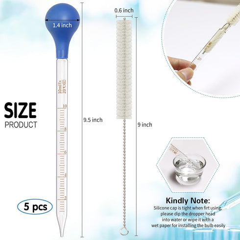 5 Pack 10ml Glass Pipette Dropper with 1 Pc Cleaning Brush for Liquid Essential Oil Transfer