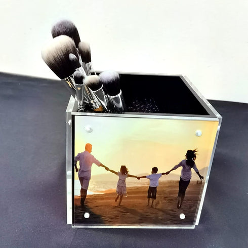 HESIN Acrylic Photo Block Cube Pen Holder, 4-Side Desktop Storage Organizer for Office, Home, Kids, 5" x 5" Photo Frame