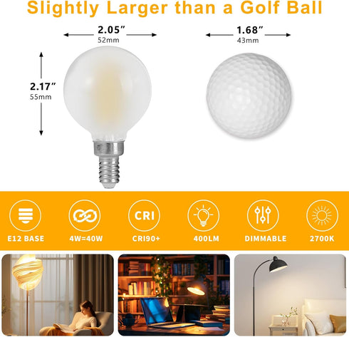 Decoaui E12 G16 Bulbs, Bulb, 6W (60W 600 4000K Dimmable, 6 Pack LED Globe Light Small Golf Ball Size Round Equivalent)
