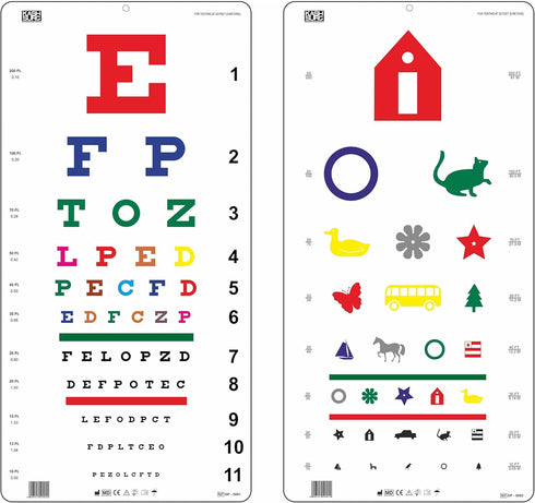 Traditional Snellen Color & Kindergarten Color Distance Vision Eye Chart, 20 Feet, 22 x 11 Inch
