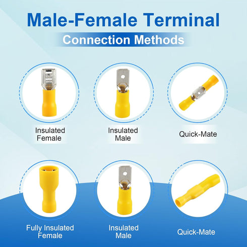 Baomain 1/4" Female Quick Disconnect Spade Terminals - Insulated Crimp Connectors 12-10 AWG 6.3mm (Yellow, 100-Pack)